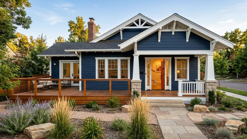Beautifully painted Denver Craftsman home with navy exterior, white trim, and cedar deck
